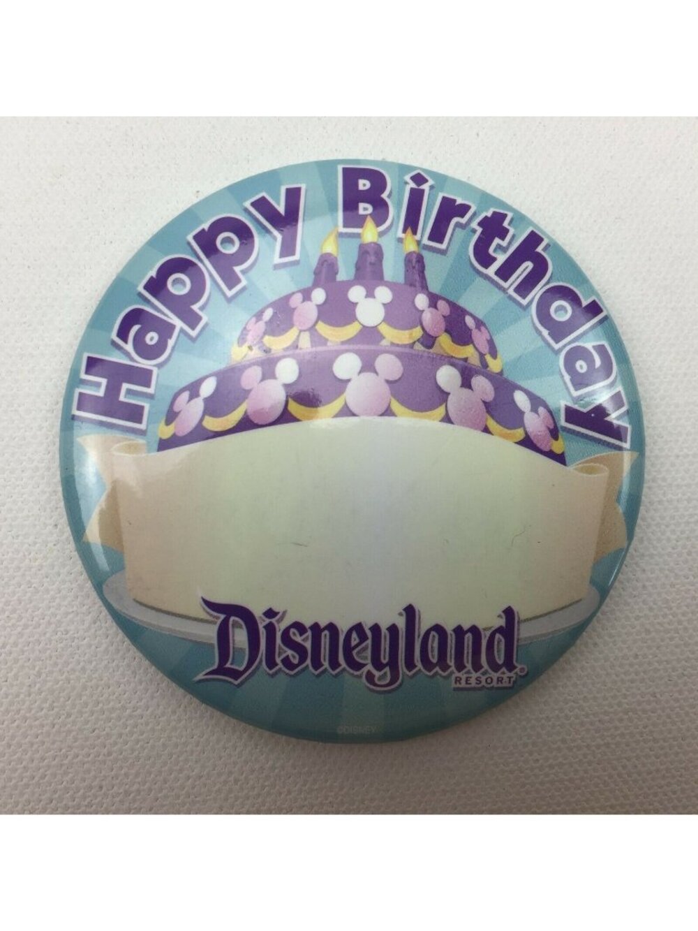 Disneyland Happy Birthday Button Pin 4" Purple Mickey Cake Design Collectible